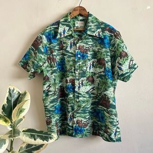 Vintage Hawaiian Green Tropical Print Short-Sleeve Shirt